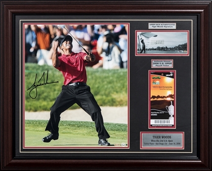 Tiger Woods Dual Signed Photo & Placard Card With 2008 US Open Ticket In 32x26 Framed Display (UDA)